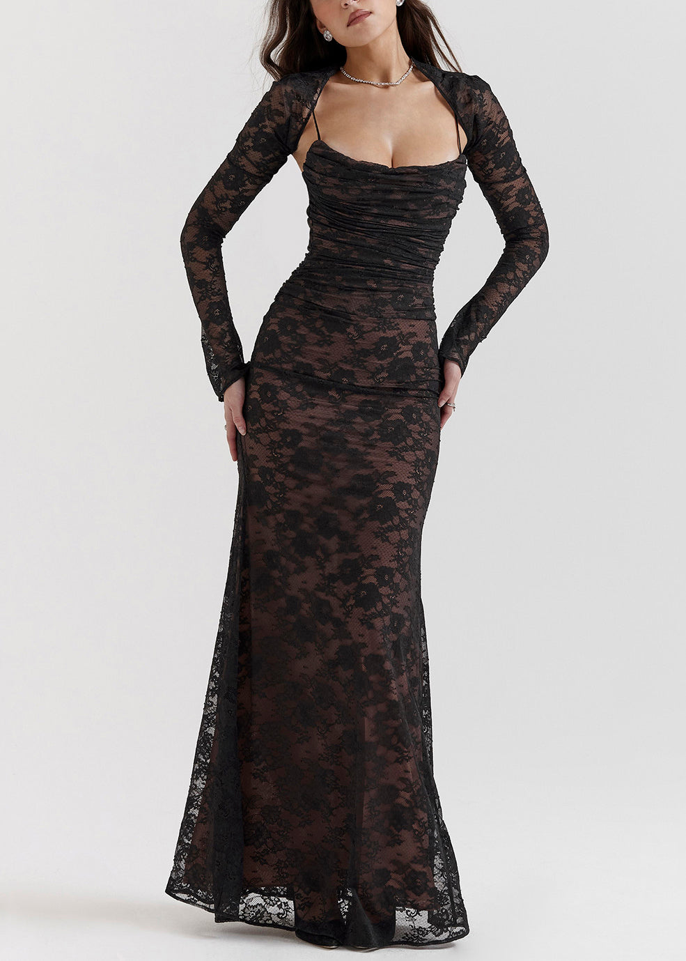 French Black Back Cross Strap Silm Fit Lace Party Dress Two Piece Set Sleeveless