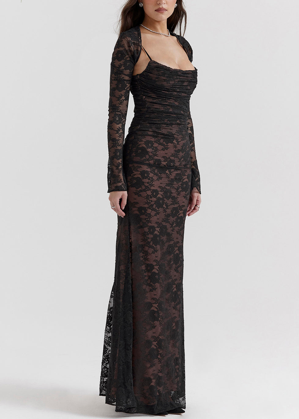 French Black Back Cross Strap Silm Fit Lace Party Dress Two Piece Set Sleeveless