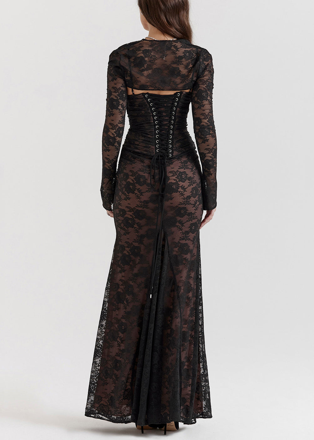 French Black Back Cross Strap Silm Fit Lace Party Dress Two Piece Set Sleeveless