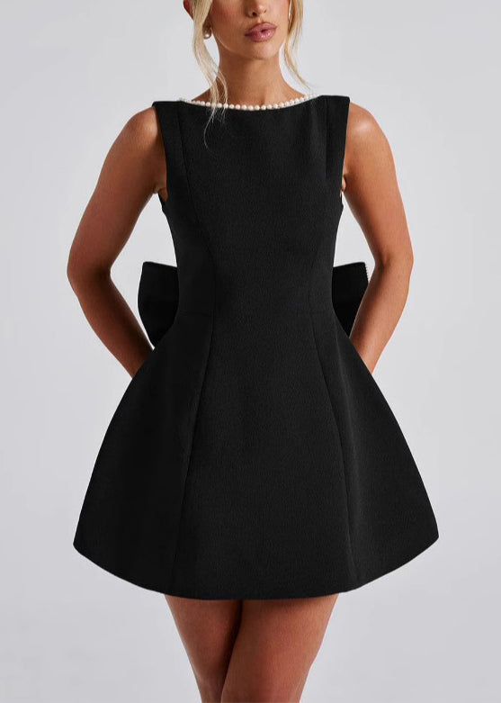 French Black Backess Bow Cotton Mini Dresses Summer