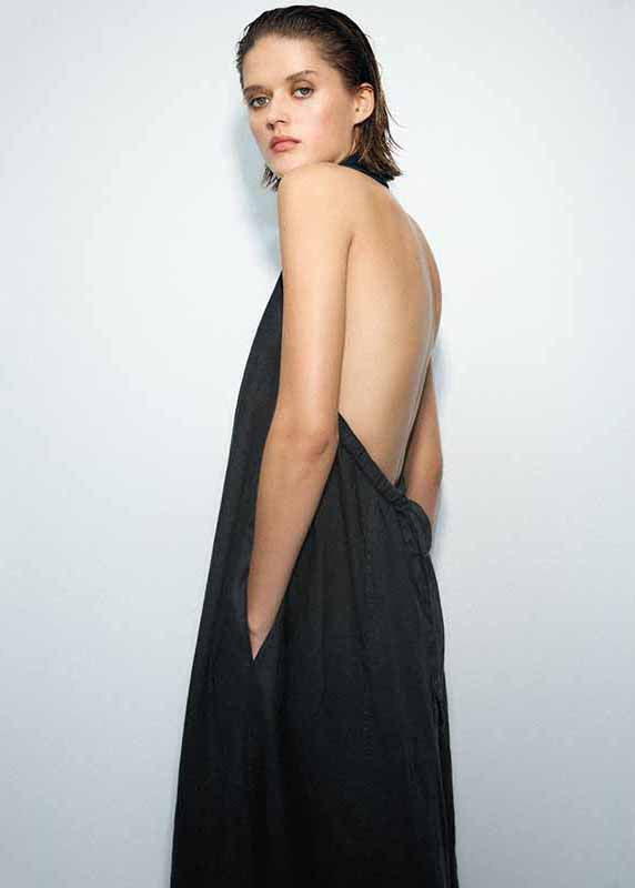 French Black Backless Button Lace Up Linen Long Dresses Sleeveless