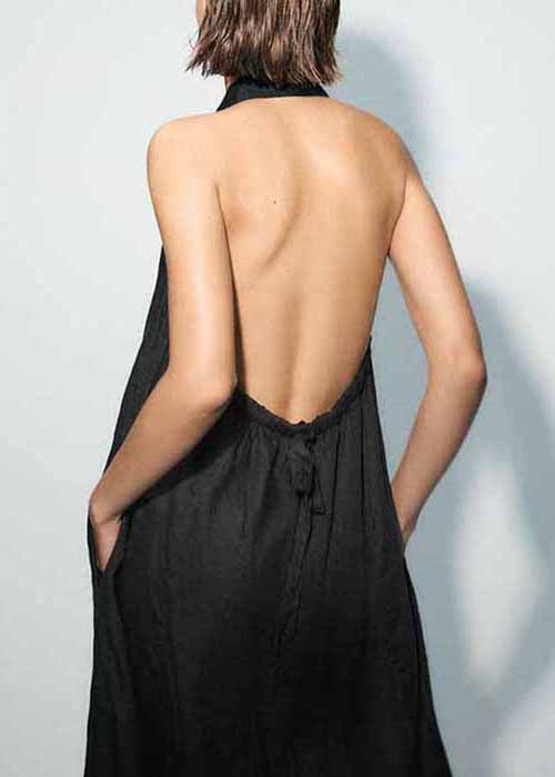 French Black Backless Button Lace Up Linen Long Dresses Sleeveless