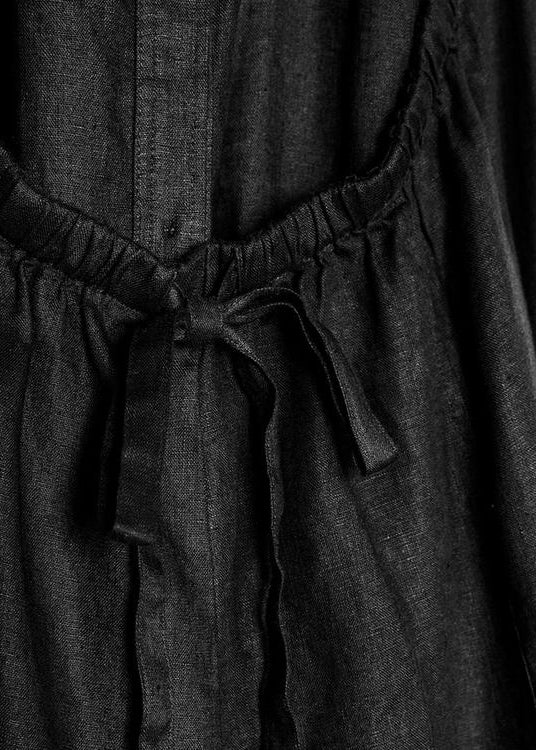 French Black Backless Button Lace Up Linen Long Dresses Sleeveless