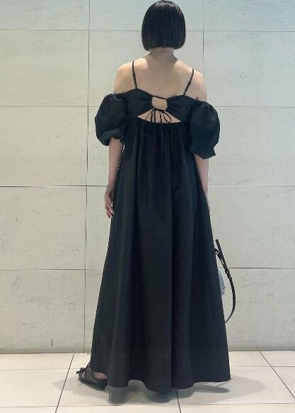 French Black Backless Cotton Party Dresses Puff Sleeve