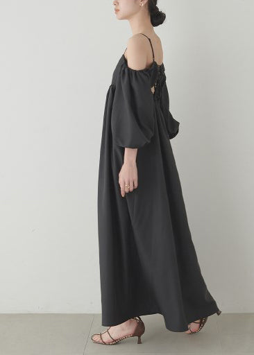 French Black Backless Cotton Party Dresses Puff Sleeve