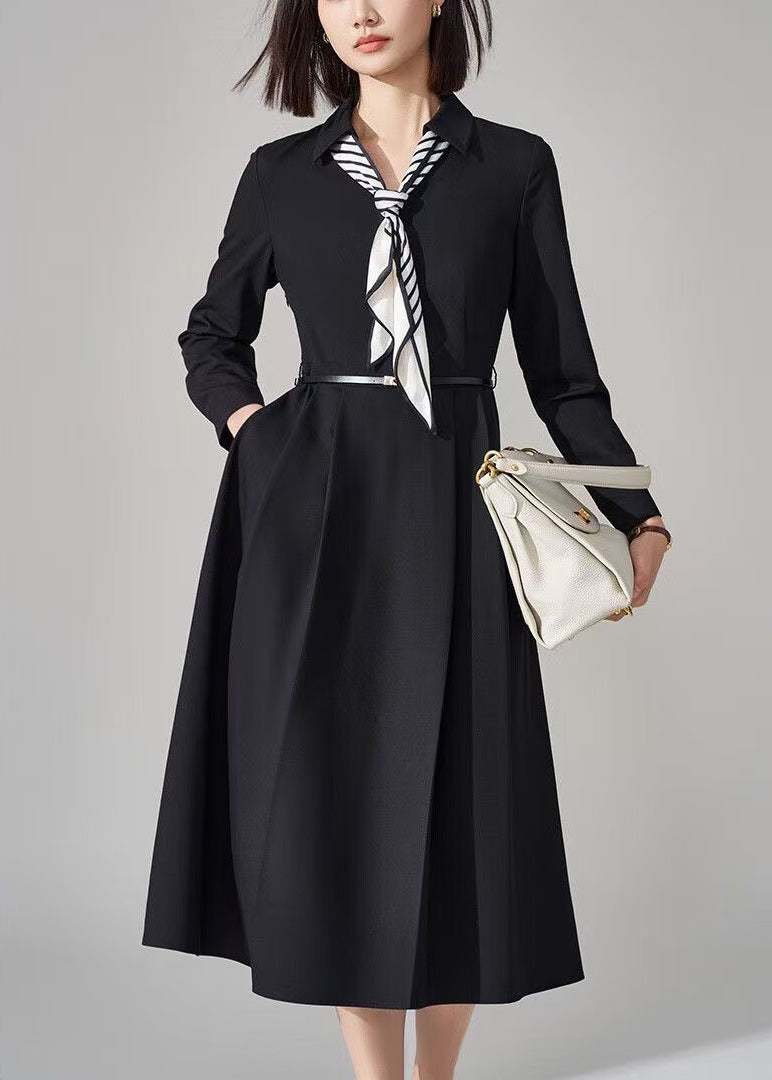 French Black Bow Pockets Sashes Woolen Long Dress Winter