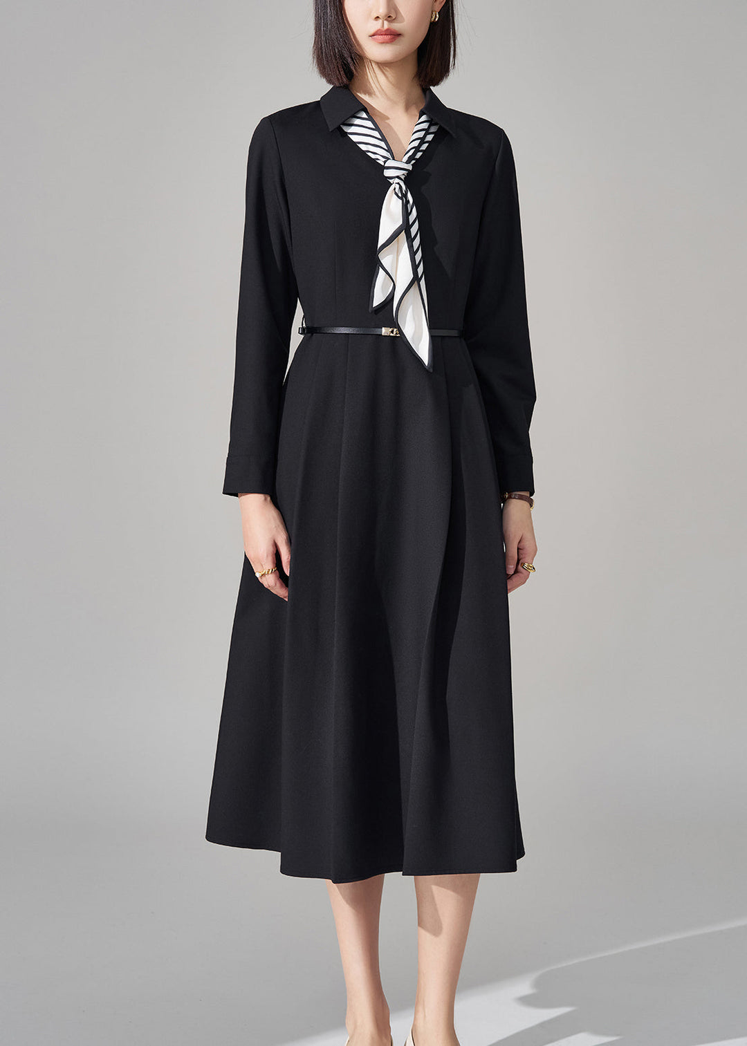 French Black Bow Pockets Sashes Woolen Long Dress Winter