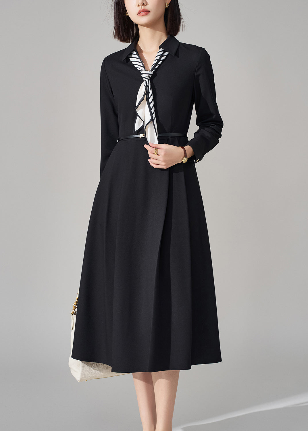 French Black Bow Pockets Sashes Woolen Long Dress Winter