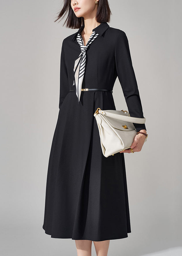 French Black Bow Pockets Sashes Woolen Long Dress Winter