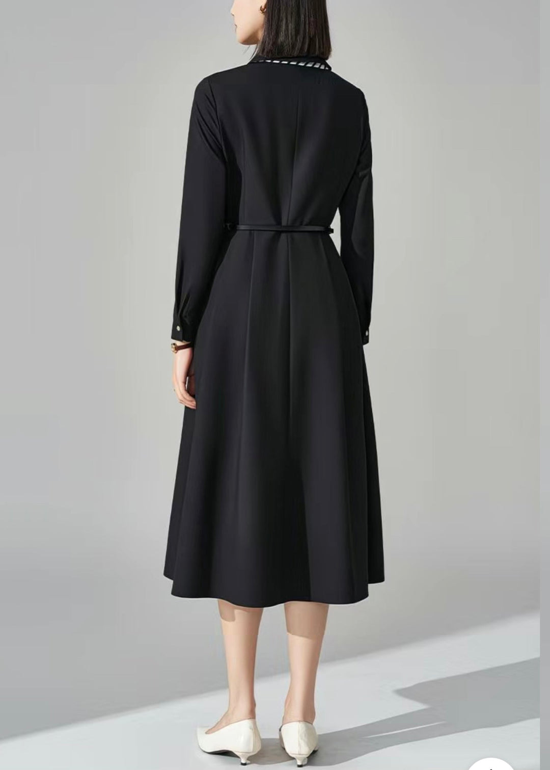 French Black Bow Pockets Sashes Woolen Long Dress Winter