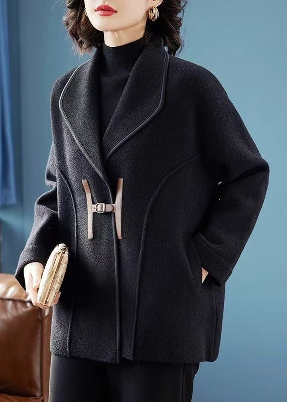 French Black Button Pockets Woolen Coats Winter