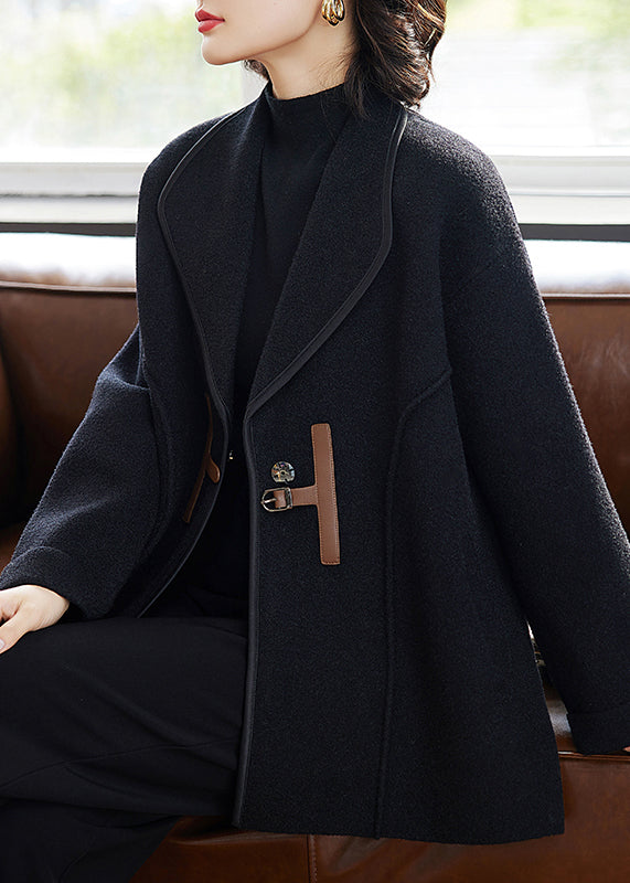French Black Button Pockets Woolen Coats Winter