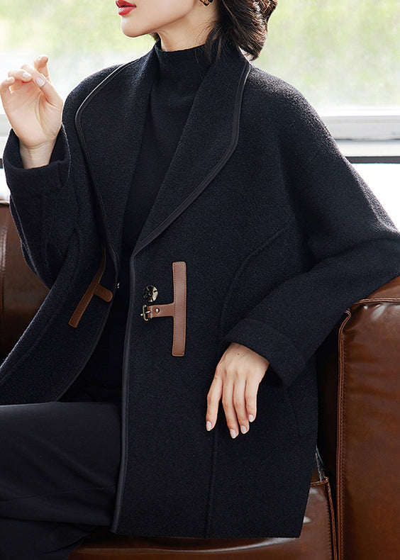 French Black Button Pockets Woolen Coats Winter