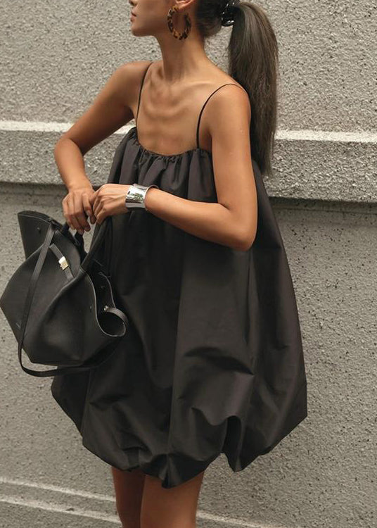 French Black Cotton Spaghetti Strap Dress Summer