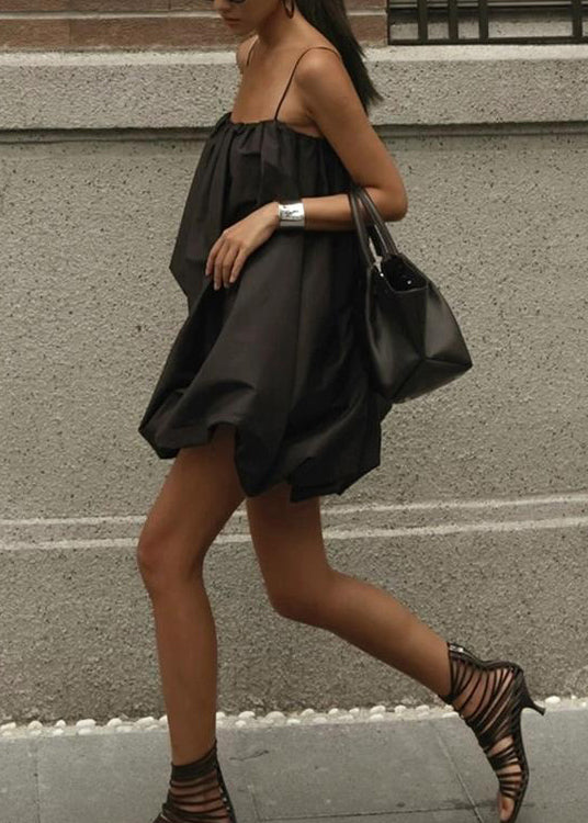 French Black Cotton Spaghetti Strap Dress Summer