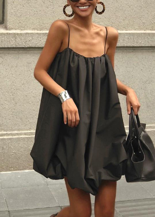 French Black Cotton Spaghetti Strap Dress Summer