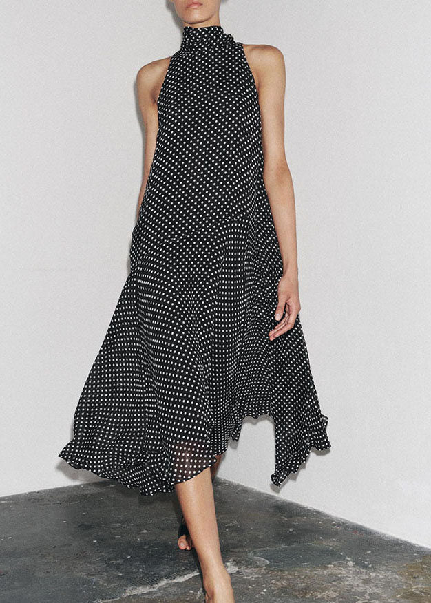 French Black Dot Print Chiffon Long Dress Sleeveless