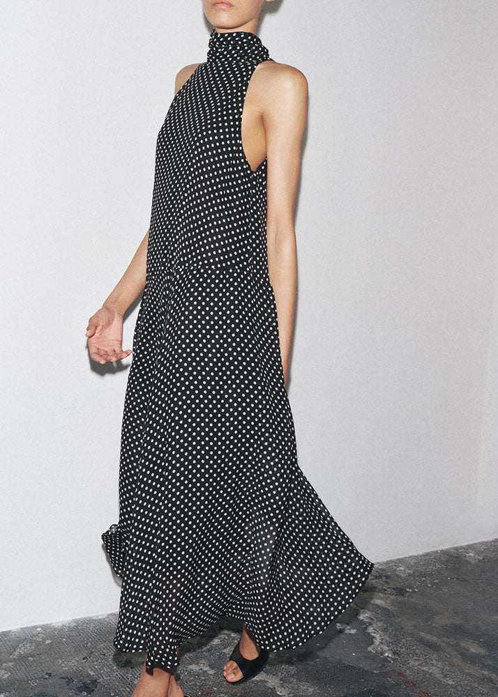 French Black Dot Print Chiffon Long Dress Sleeveless