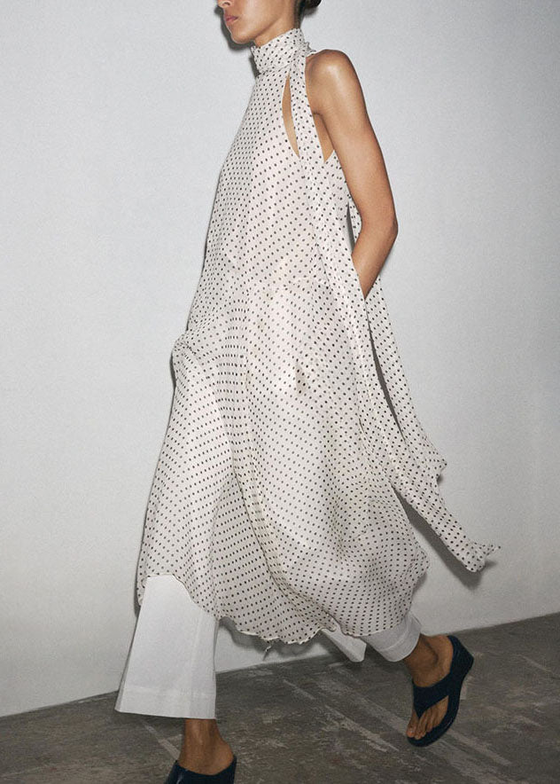 French Black Dot Print Chiffon Long Dress Sleeveless