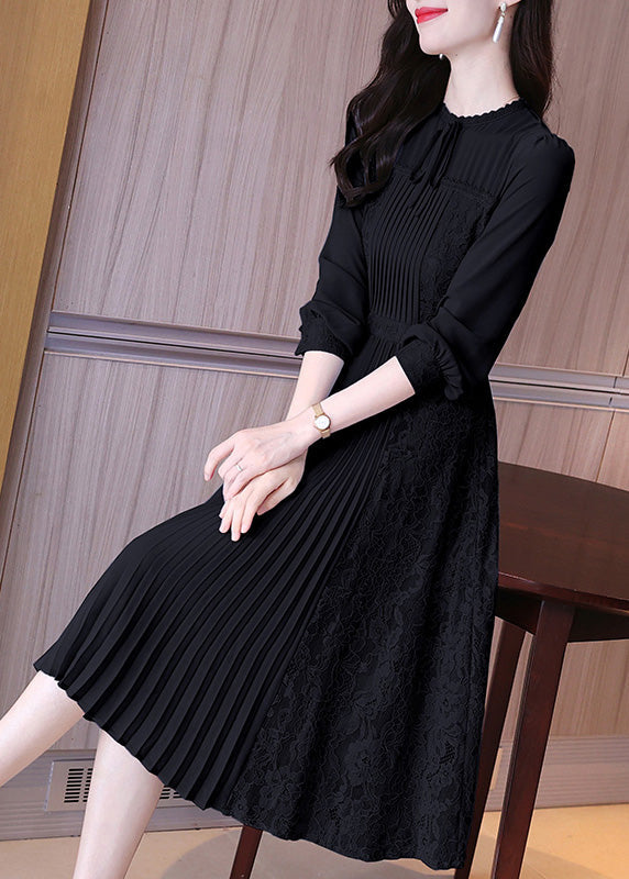 French Black Dress Patchwork Ruffled Edge Lace Embroidery