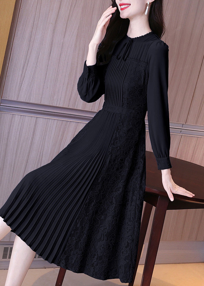 French Black Dress Patchwork Ruffled Edge Lace Embroidery