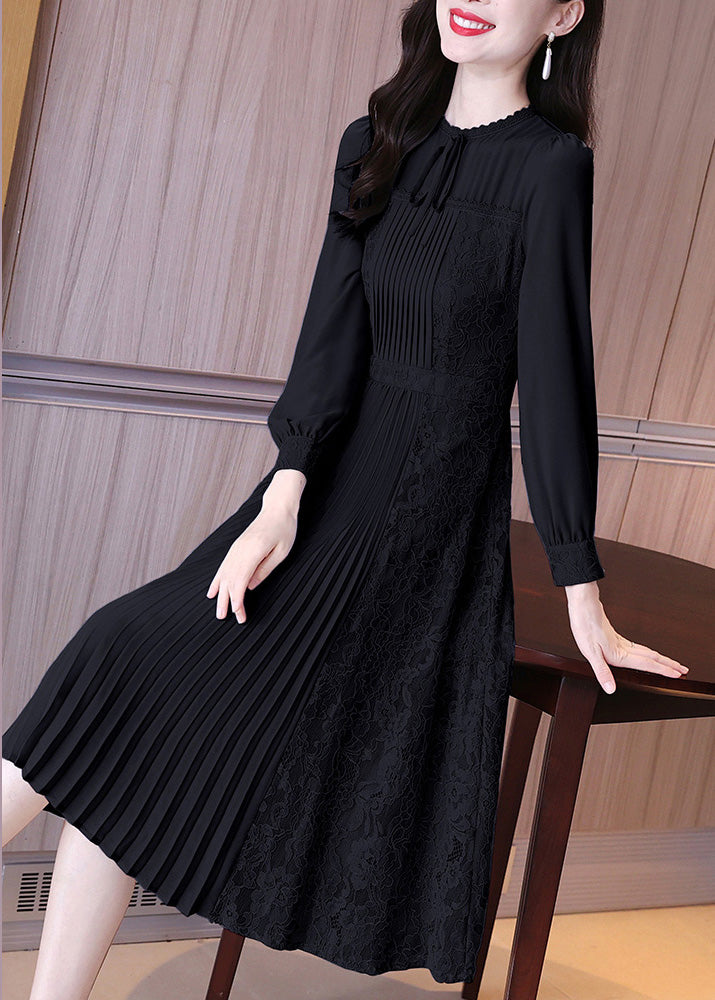 French Black Dress Patchwork Ruffled Edge Lace Embroidery