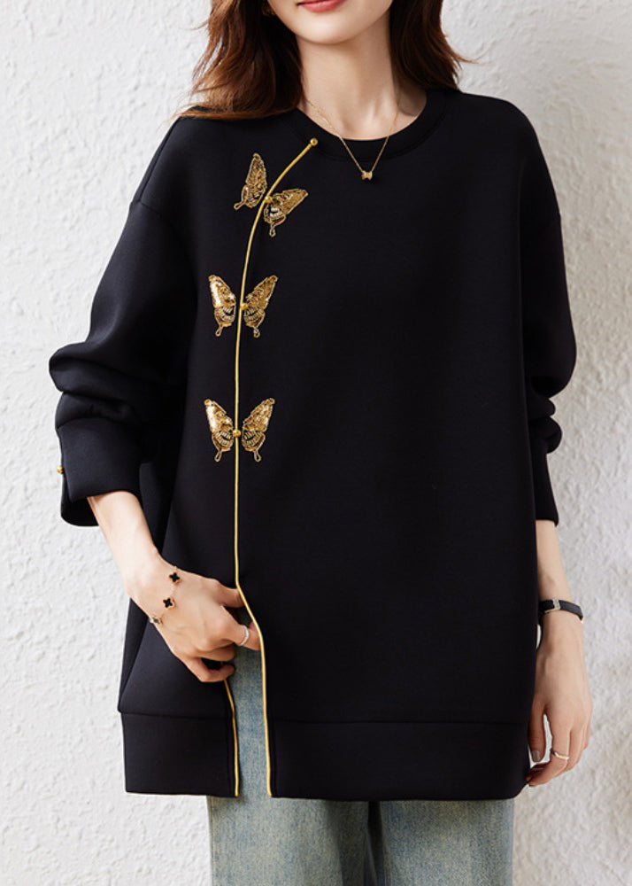 French Black Embroidered Butterfly Cotton Sweatshirt Fall