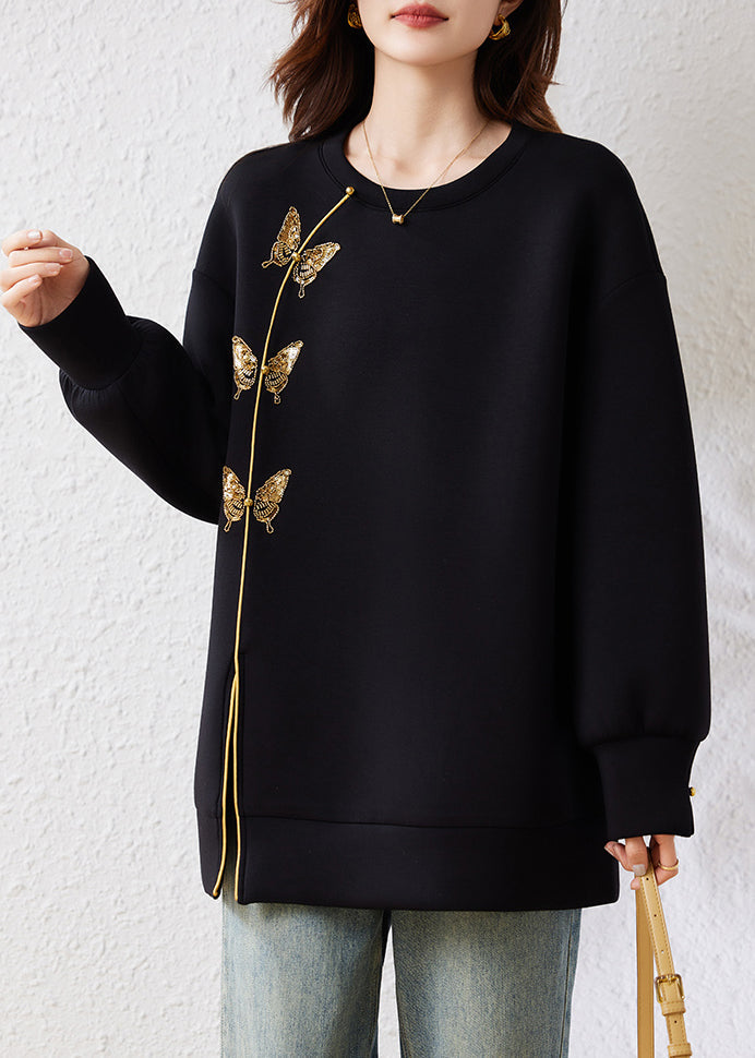 French Black Embroidered Butterfly Cotton Sweatshirt Fall