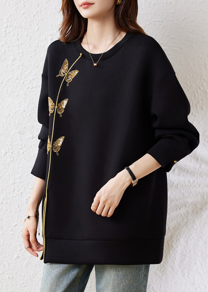 French Black Embroidered Butterfly Cotton Sweatshirt Fall