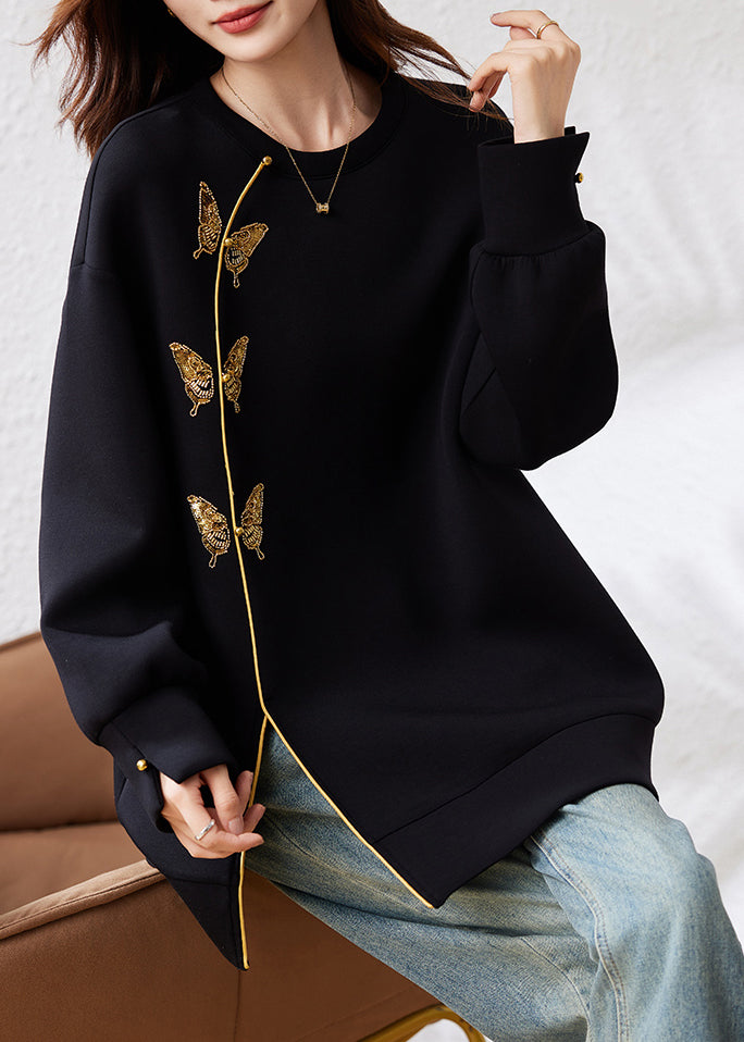 French Black Embroidered Butterfly Cotton Sweatshirt Fall