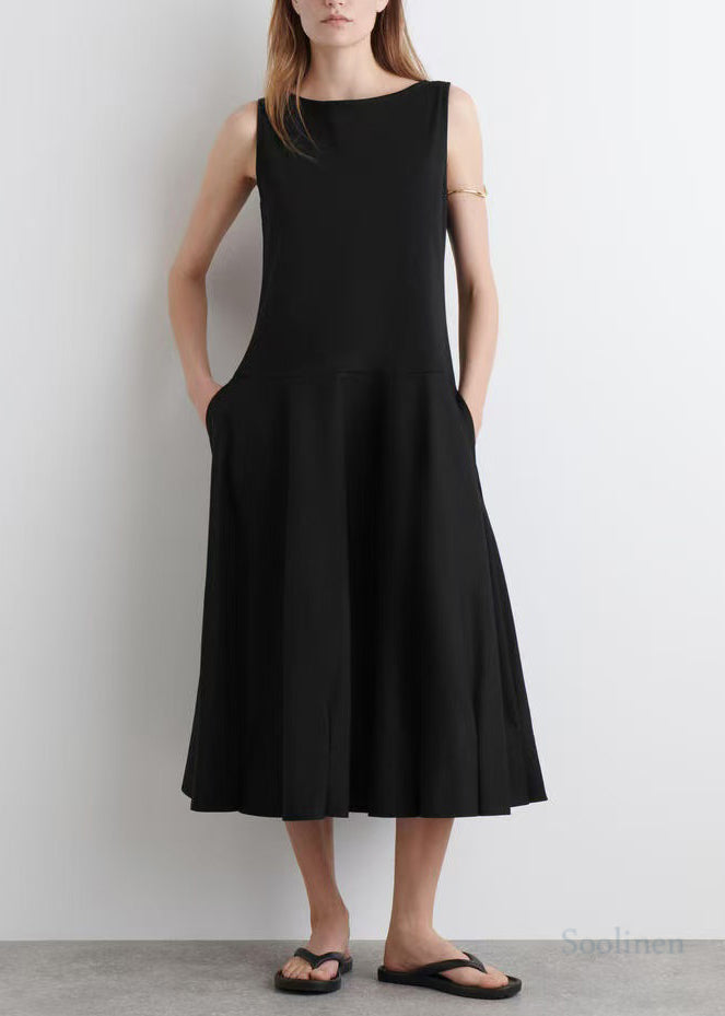 French Black Exra Large Hem Cotton Long Dress Sleeveless