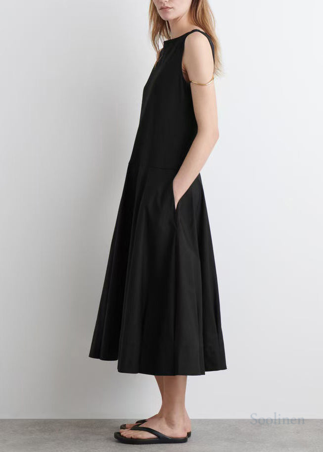 French Black Exra Large Hem Cotton Long Dress Sleeveless