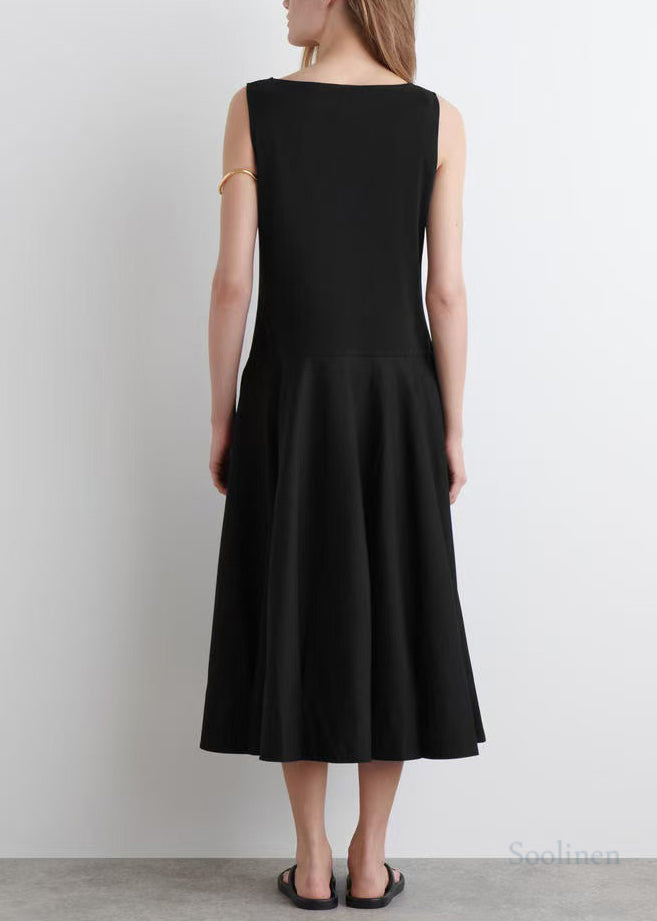 French Black Exra Large Hem Cotton Long Dress Sleeveless