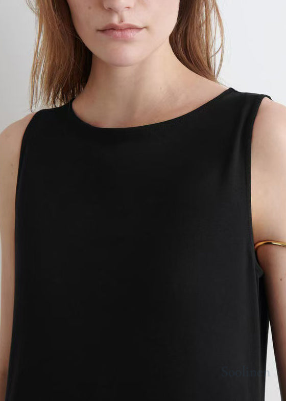 French Black Exra Large Hem Cotton Long Dress Sleeveless