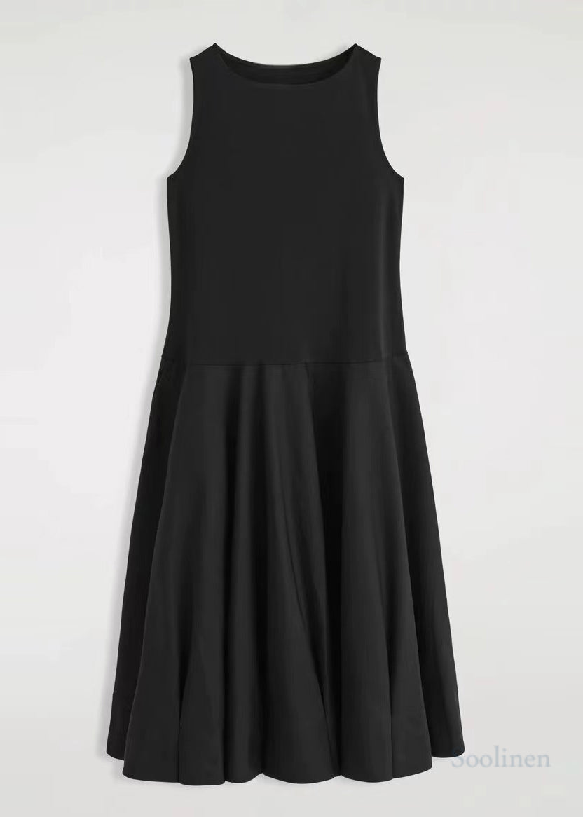 French Black Exra Large Hem Cotton Long Dress Sleeveless