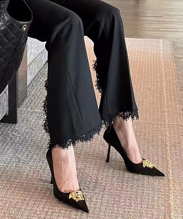 French Black Faux Leather Splicing High Heels Pointed Toe