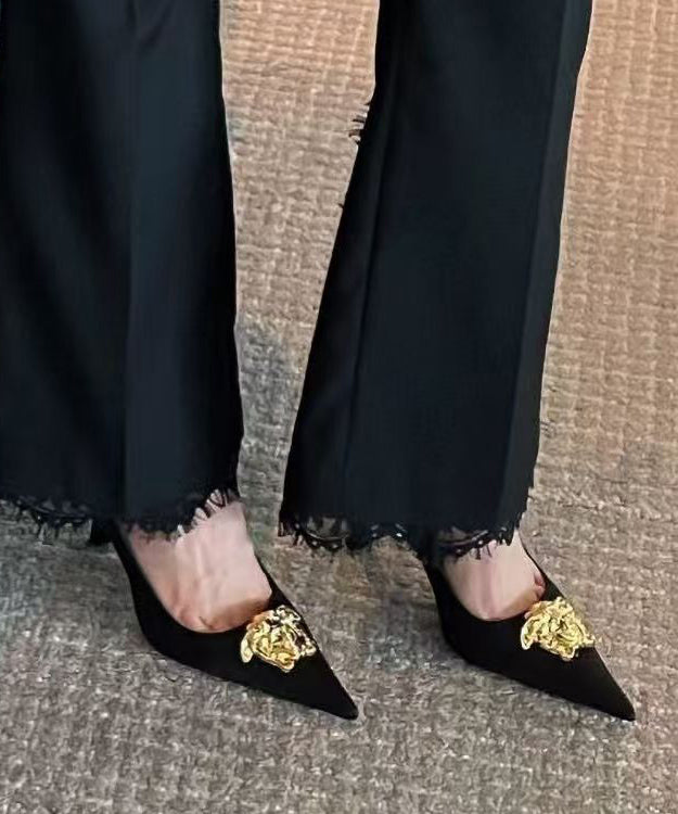 French Black Faux Leather Splicing High Heels Pointed Toe