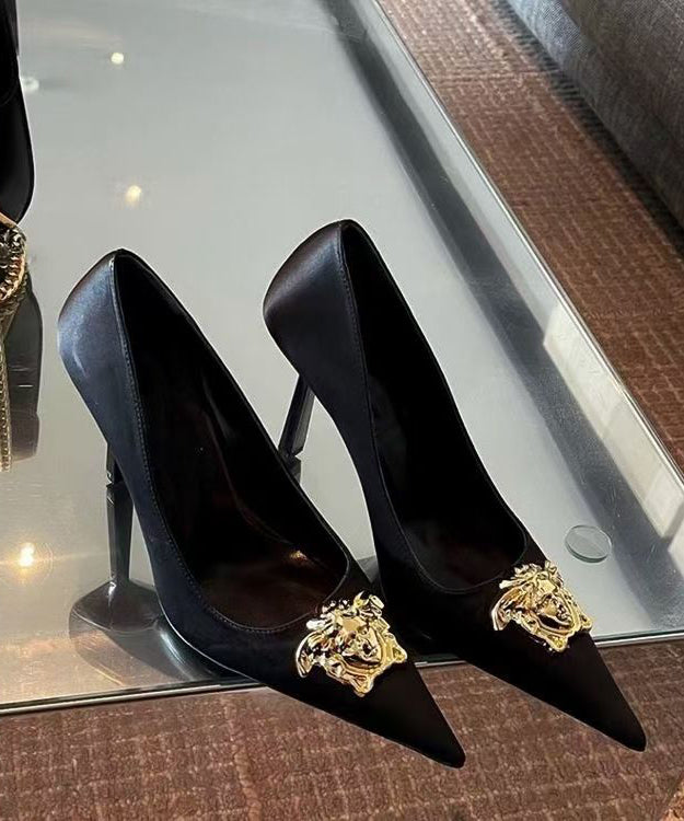 French Black Faux Leather Splicing High Heels Pointed Toe