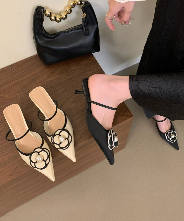 French Black Floral Splicing Slide Sandals Pointed Toe