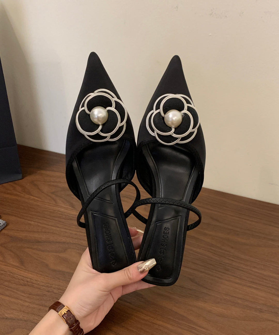 French Black Floral Splicing Slide Sandals Pointed Toe