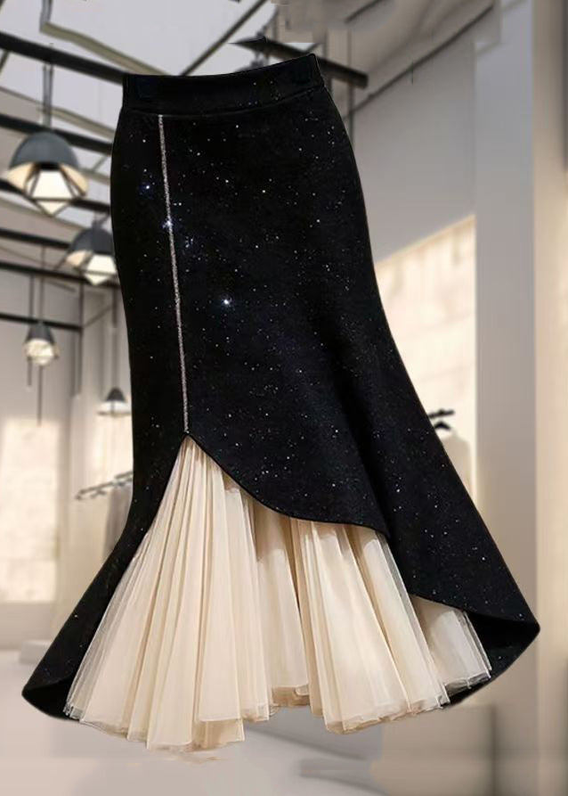 French Black High Waist Chiffon Patchwork Skirt Spring