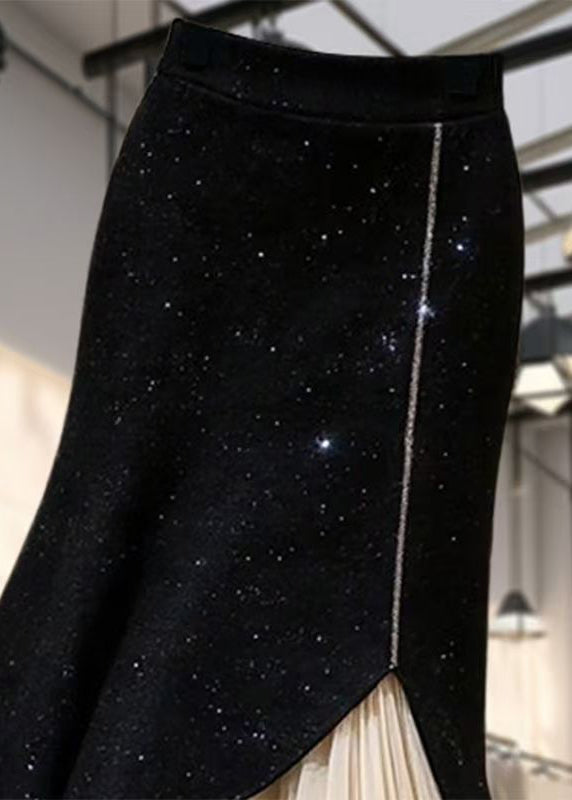 French Black High Waist Chiffon Patchwork Skirt Spring