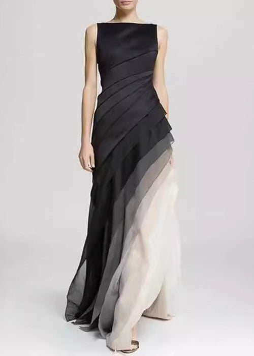 French Navy High Waist Patchwork Tulle Maxi Dresses Sleeveless