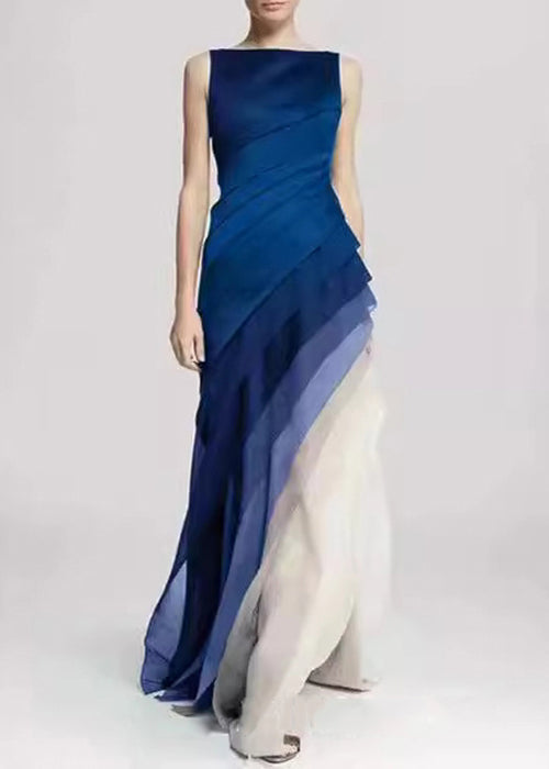 French Navy High Waist Patchwork Tulle Maxi Dresses Sleeveless