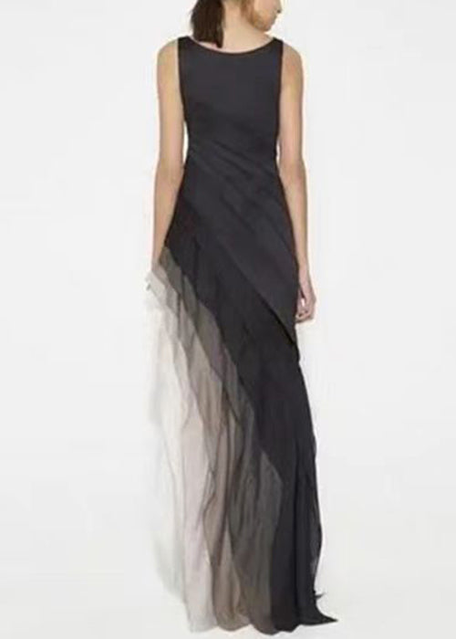 French Navy High Waist Patchwork Tulle Maxi Dresses Sleeveless