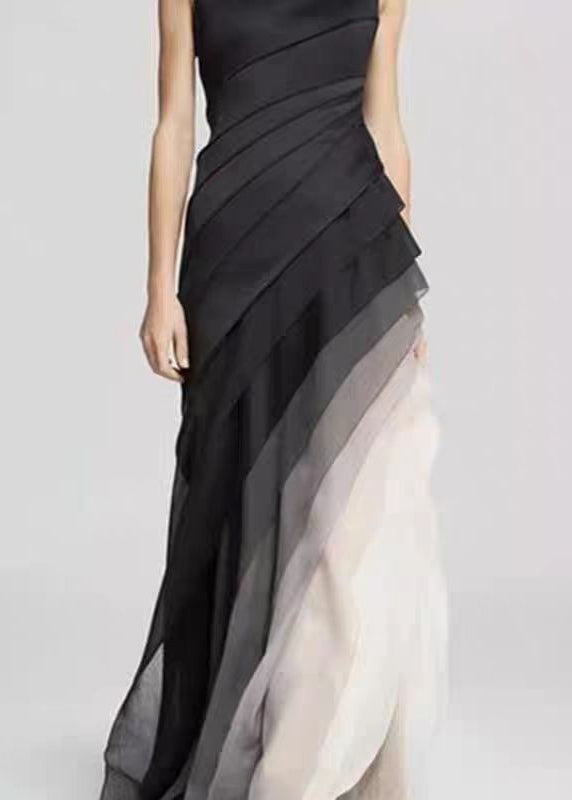French Navy High Waist Patchwork Tulle Maxi Dresses Sleeveless