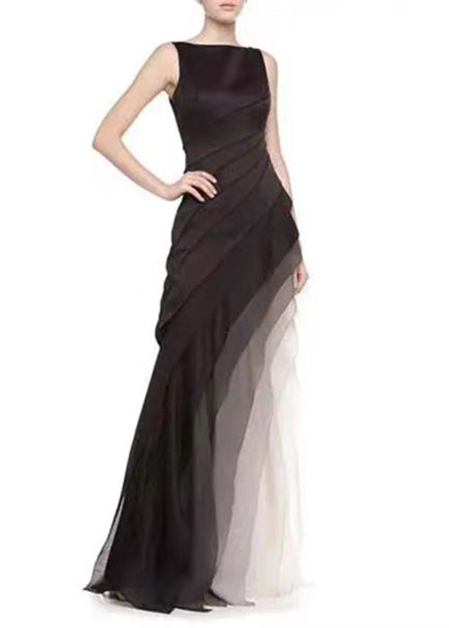 French Navy High Waist Patchwork Tulle Maxi Dresses Sleeveless