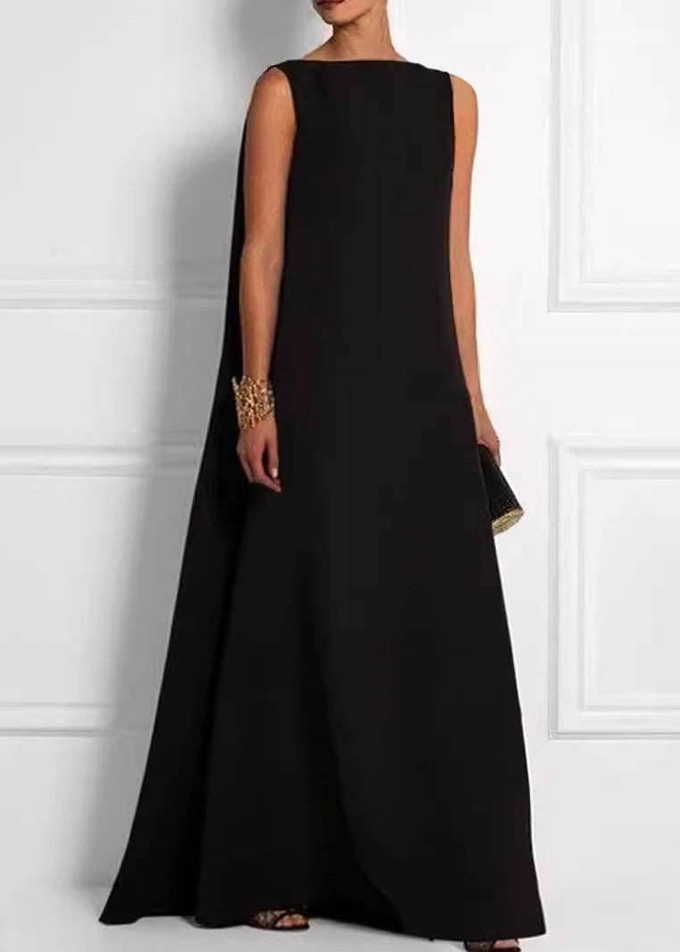 French Black High Waist Solid Cotton Ankle Dress Sleeveless