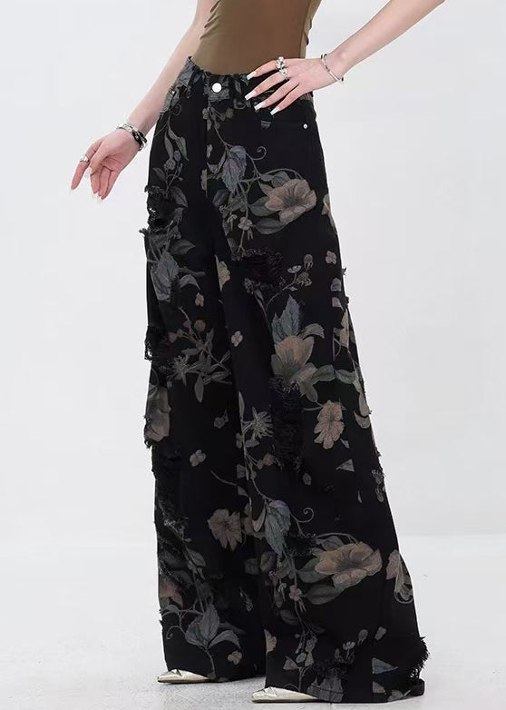 French Black Hole Print High Waist Denim Wide Leg Pants Summer