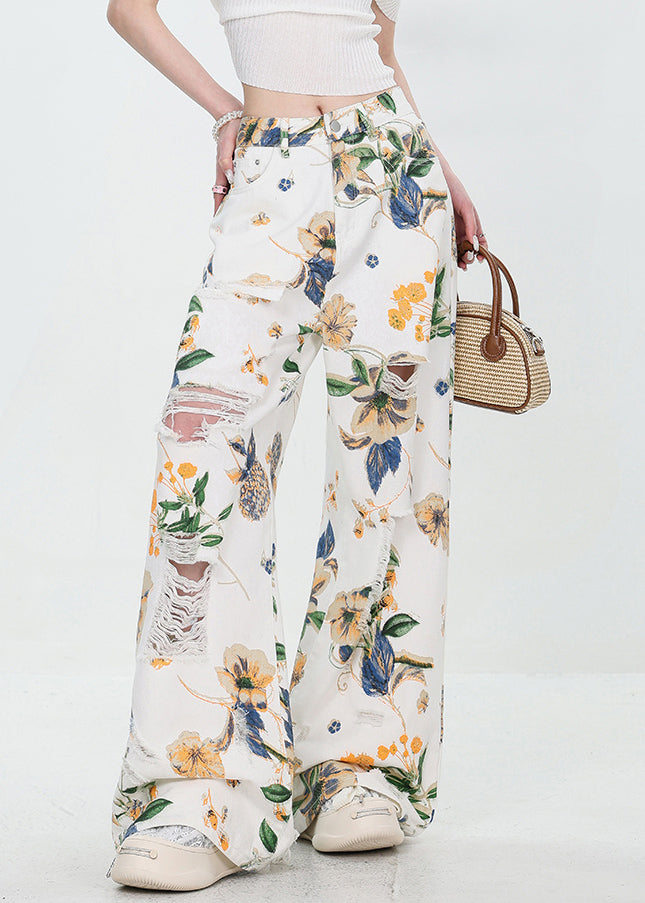 French Black Hole Print High Waist Denim Wide Leg Pants Summer